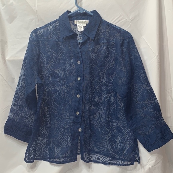 Coldwater Creek Blue Buttoned 3/4 sleeve sheer tropical pattern Blouse Size M - Picture 1 of 5